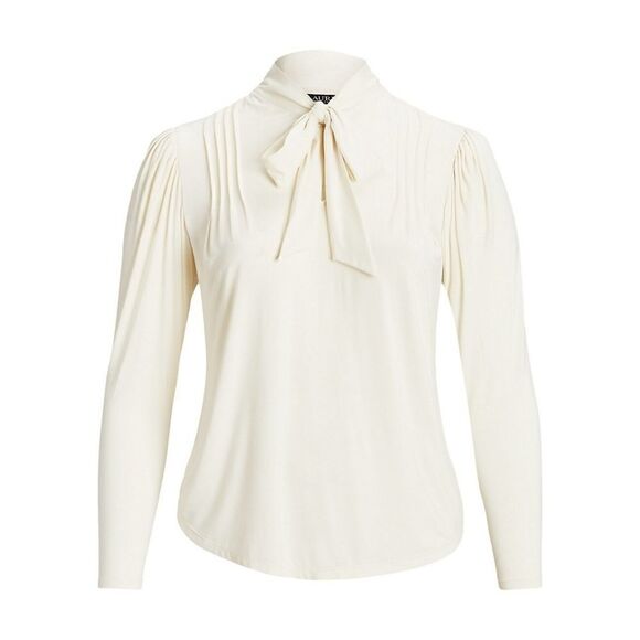 New! RALPH LAUREN Women's Pintuck Tie-Neck Jersey Top Blouse Size 1X Color Cream - Picture 7 of 7
